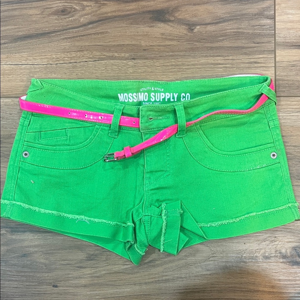 Mossimo Supply Co. Vibrant Green Jean Shorts with Pink Belt
